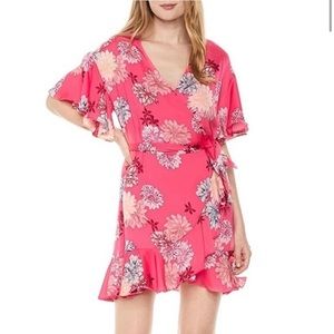 BB Dakota Bright Pink Floral Wrap Dress, NWT